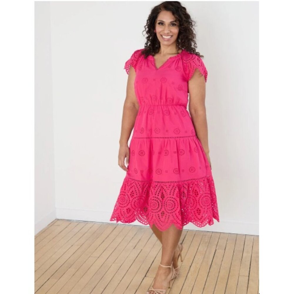PINK! Short Sleeve Cotton Eyelet Midi Dress PL
